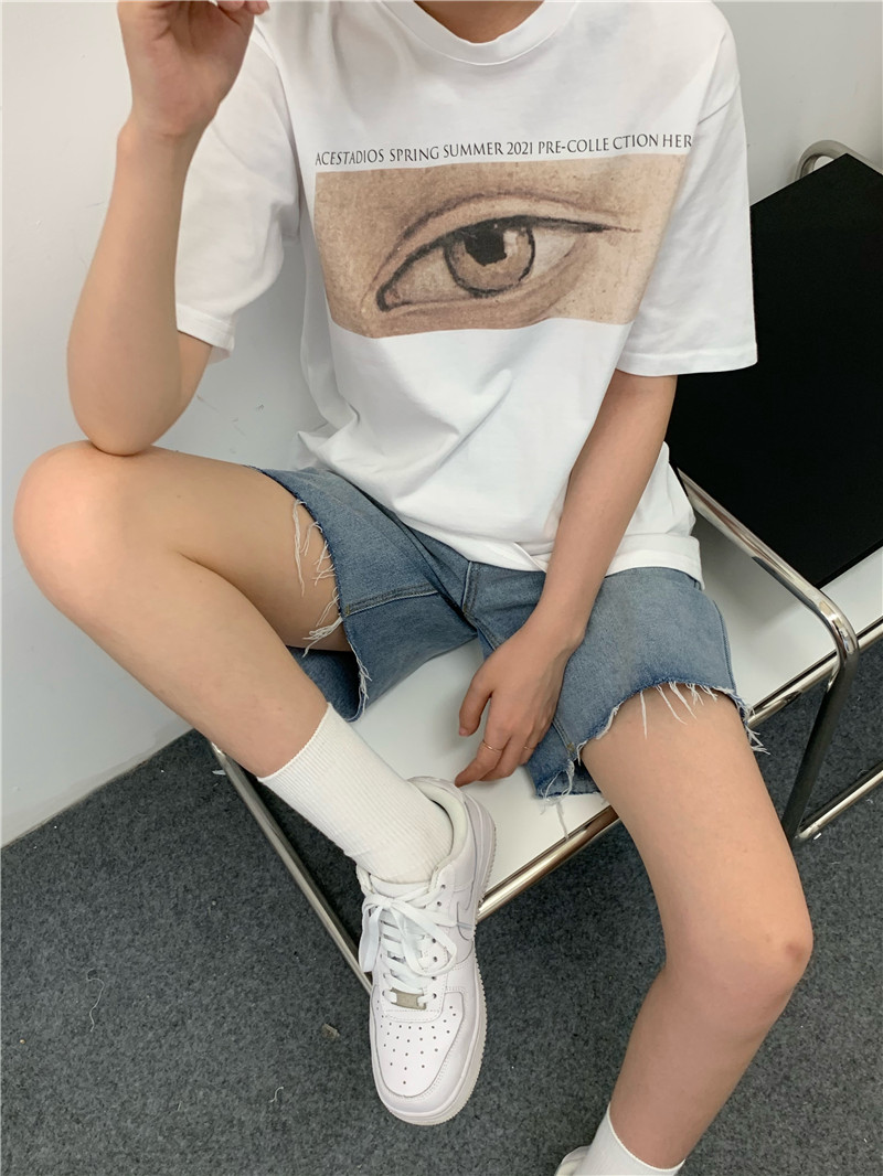 New real shot ~ cotton loose and versatile round neck short sleeve eye palm creative T-shirt