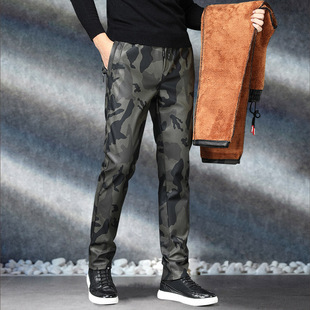 青年 弹力防风小脚摩托车加绒加厚秋冬骑行机车皮裤 迷彩皮裤 男修身