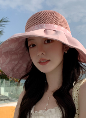 新款优雅子女蝴蝶结春夏季渔夫帽时尚户外度假遮阳帽折叠防晒旅游