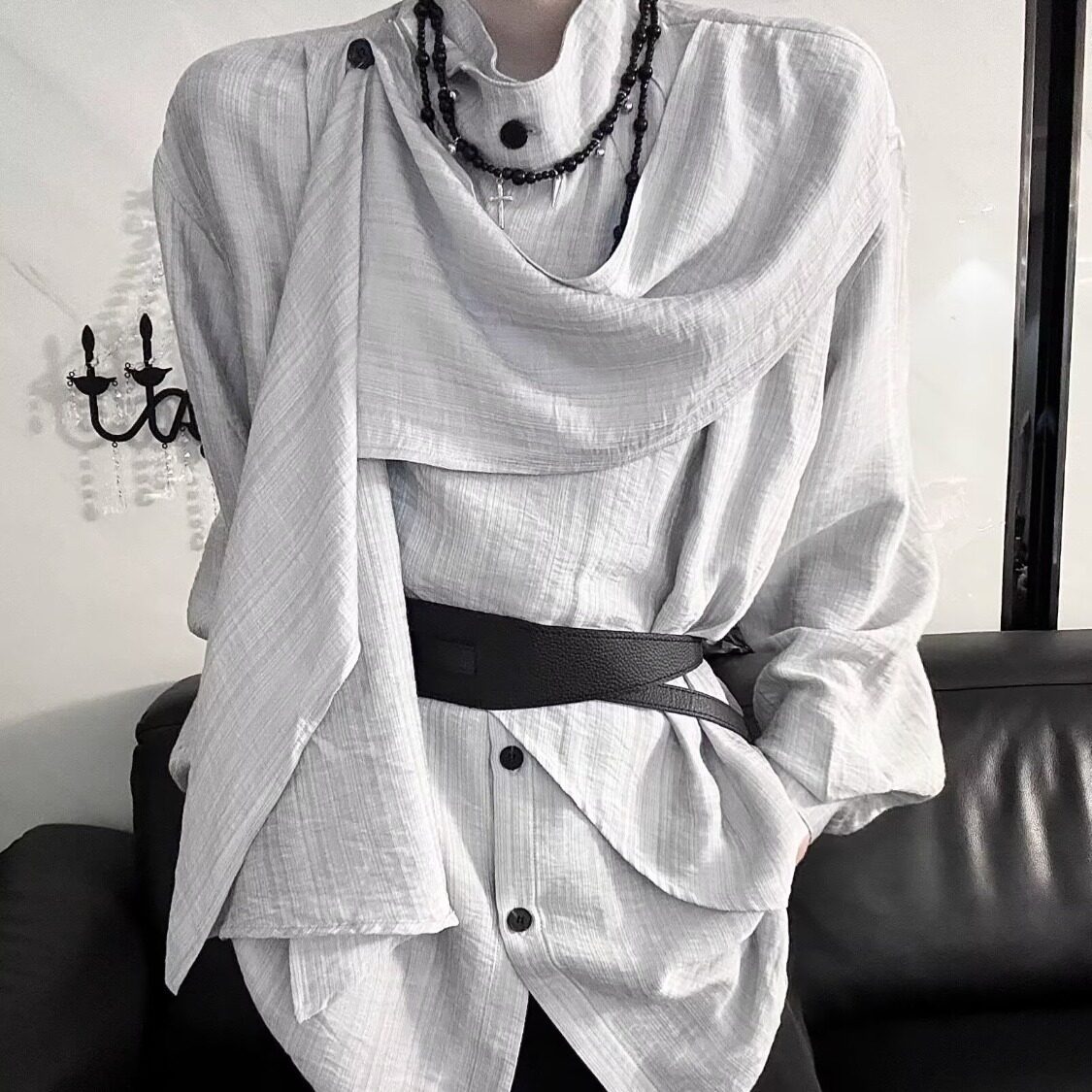 男士走秀双生子系列复古高级感衬衣不规则拼接设计感围脖巾小众衬