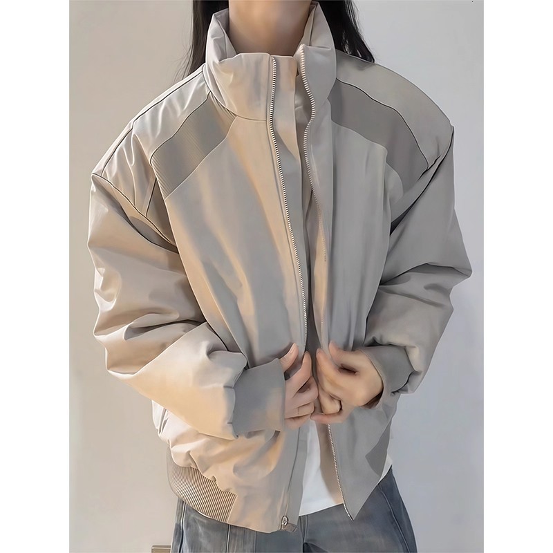 浅灰色美式立领飞行夹克棉服男女冬季boxy短款棉衣外套加厚棒球服