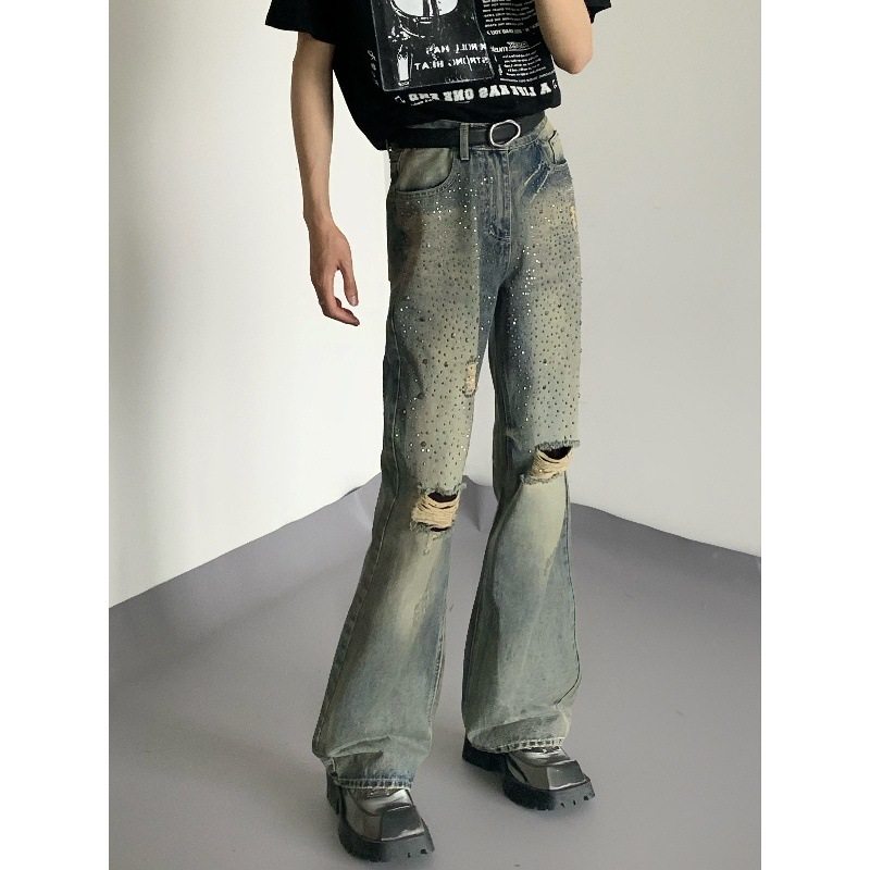 2026美式复古重工烫钻破洞微喇叭牛仔裤男小众设计感直筒休闲长裤,男装,牛仔裤,淘宝优惠券,粉丝福利购,淘宝优惠卷