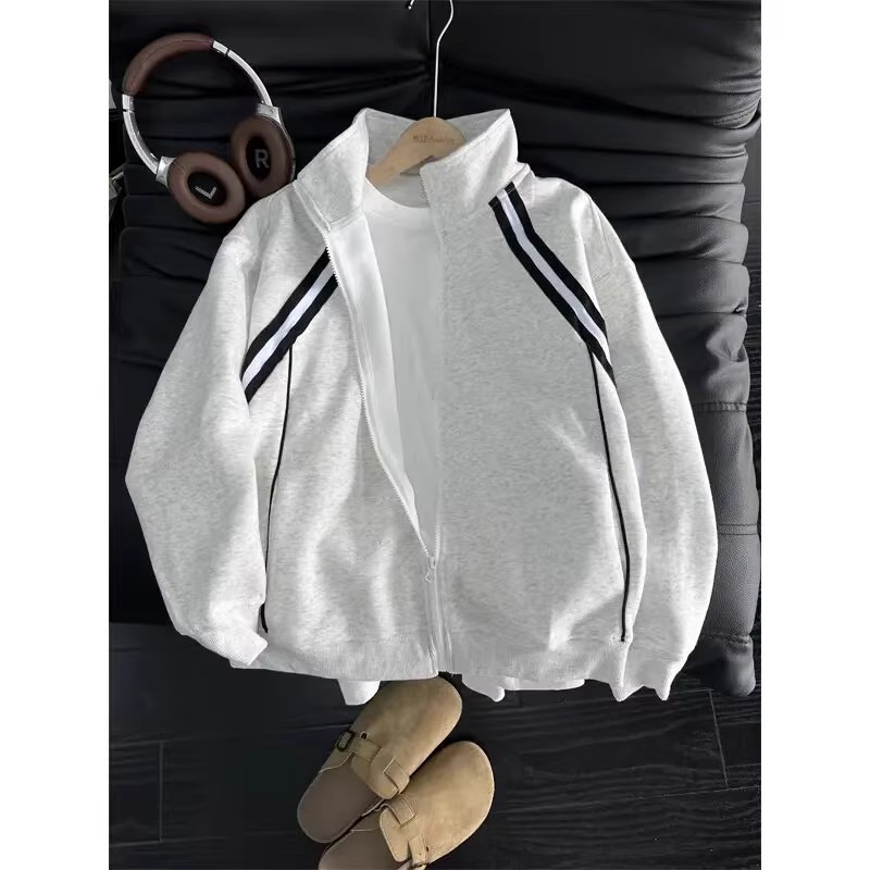 美式条纹开衫卫衣男秋cleanfit立领外套短款拼接运动棒球服夹克衫