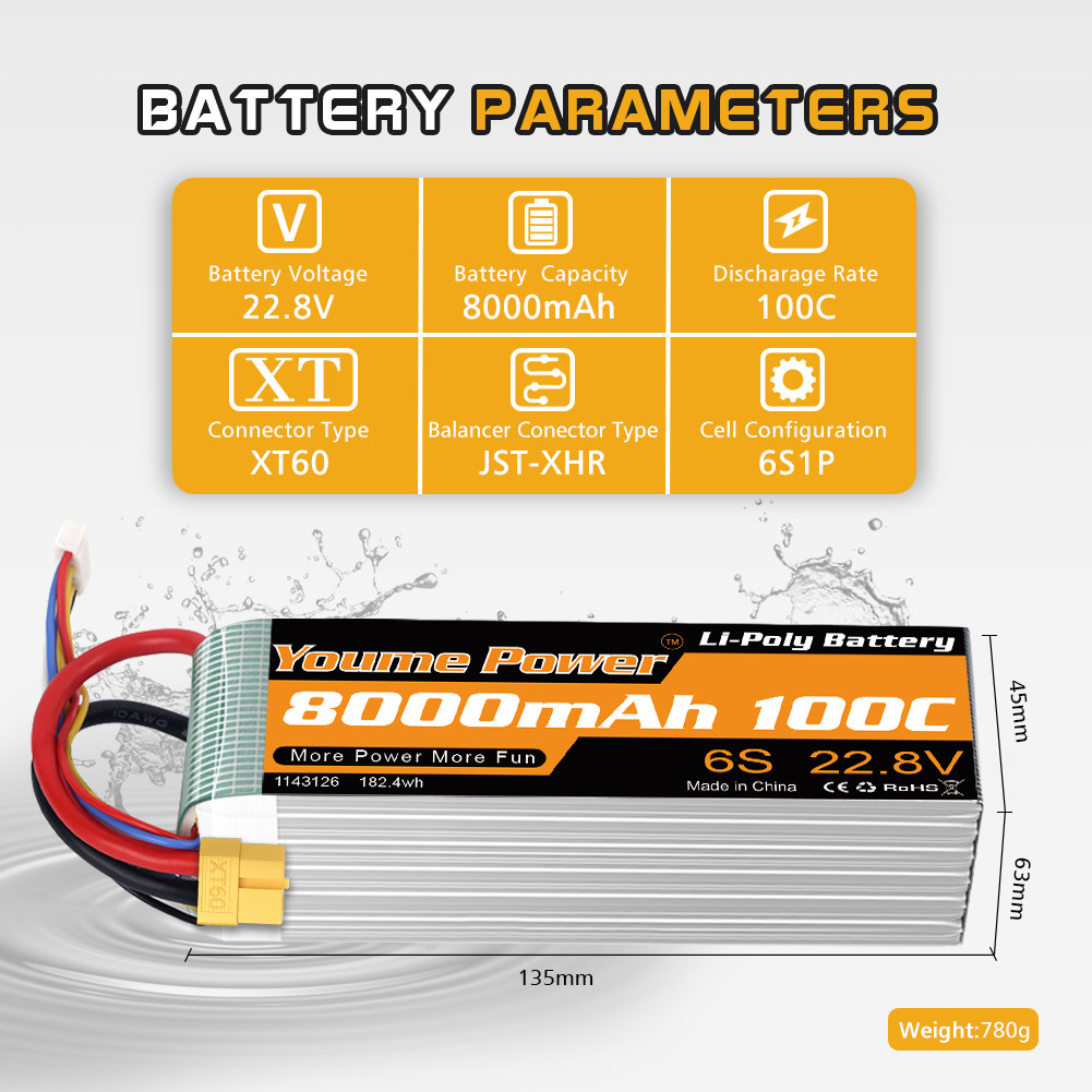 youme 高压电池HV 6S 22.8V 8000mah 100c航模电池XT60