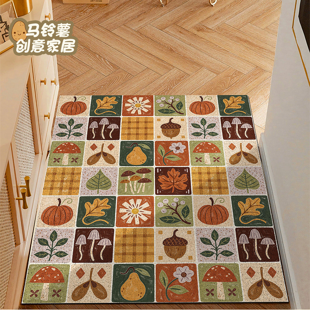 复古田园入户门地垫拼布风丝圈防滑脚垫子门口除尘蹭灰地毯可裁剪