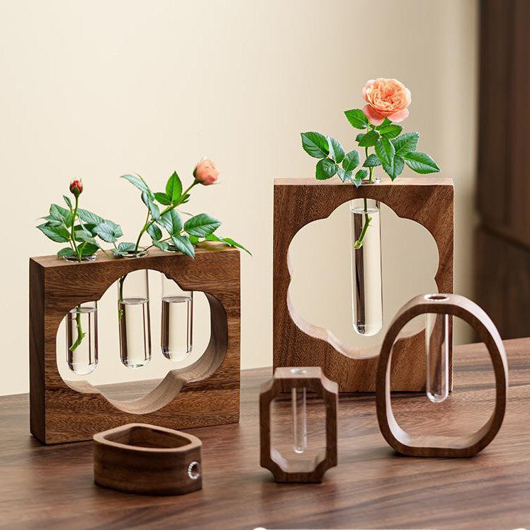 胡桃木实木水培花器桌面摆件迷你玻璃植物插花器花瓶家居玻璃花插