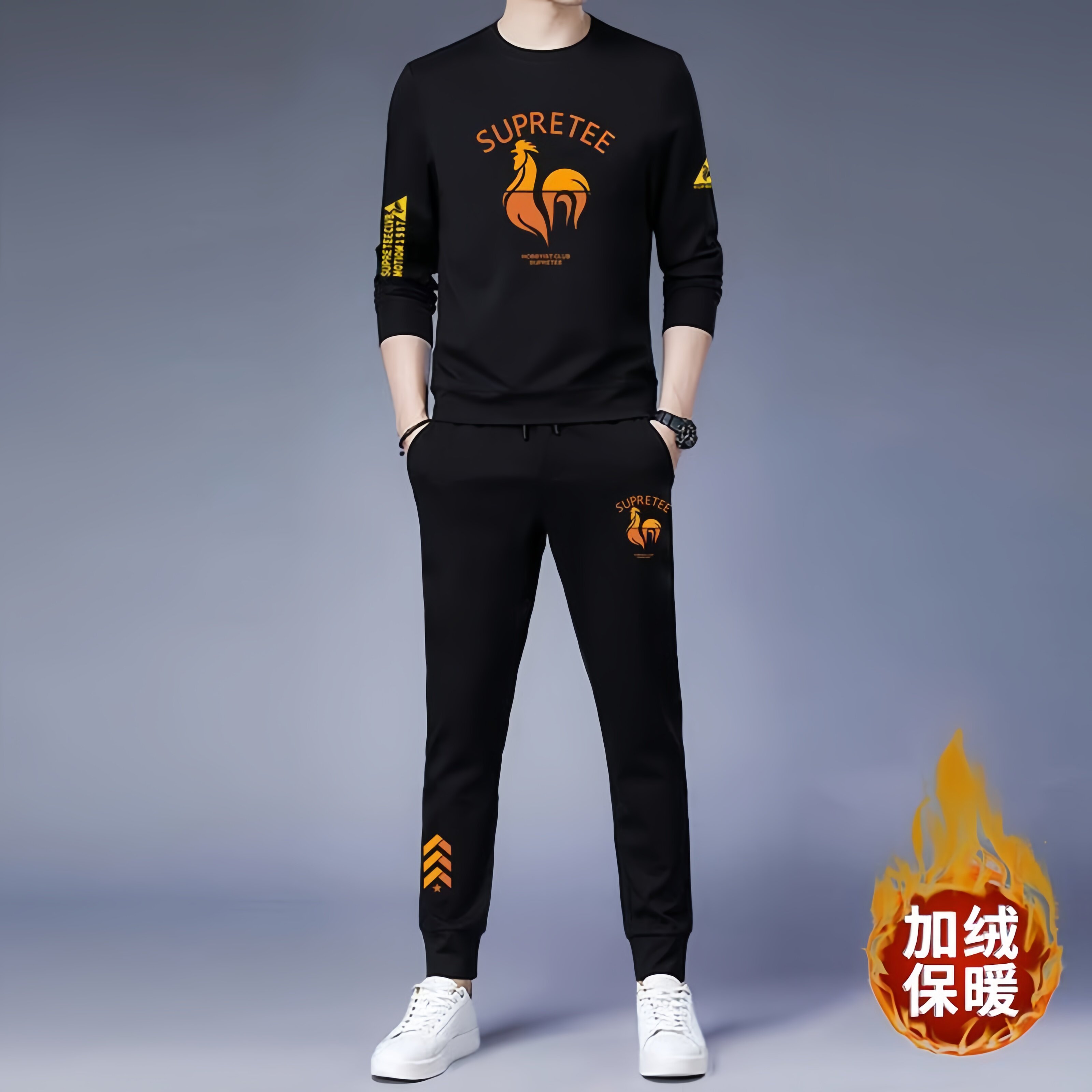 潮牌美式加绒休闲套装男高档轻奢棉质长袖长裤男士运动服一整套