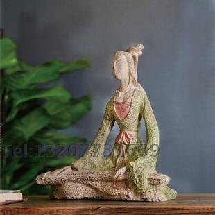 中式复古家居装饰品仿古做旧工艺摆件礼品侍女俑抚琴仕女
