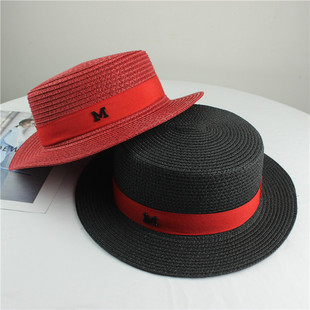网红平顶草帽女英伦时尚礼帽出游防晒沙滩度假遮阳凉帽平檐草帽