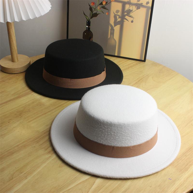 秋冬平顶毛呢帽女英伦时尚名媛百搭短沿礼帽舞台演出爵士帽子男潮