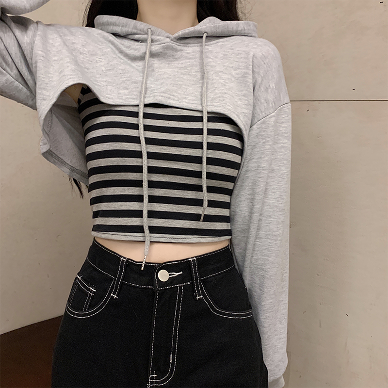 Real shot new sexy open chest long sleeve hooded careful machine sweater women fashion ins lazy two piece jacket