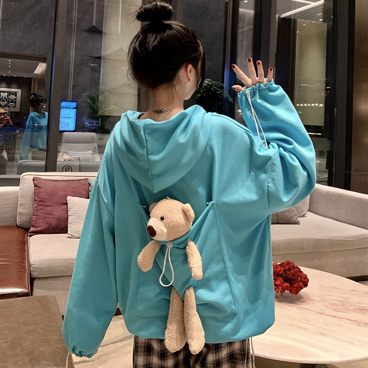 Real shot new autumn and winter ins Plush thickened Hooded Sweater female back bear student coat