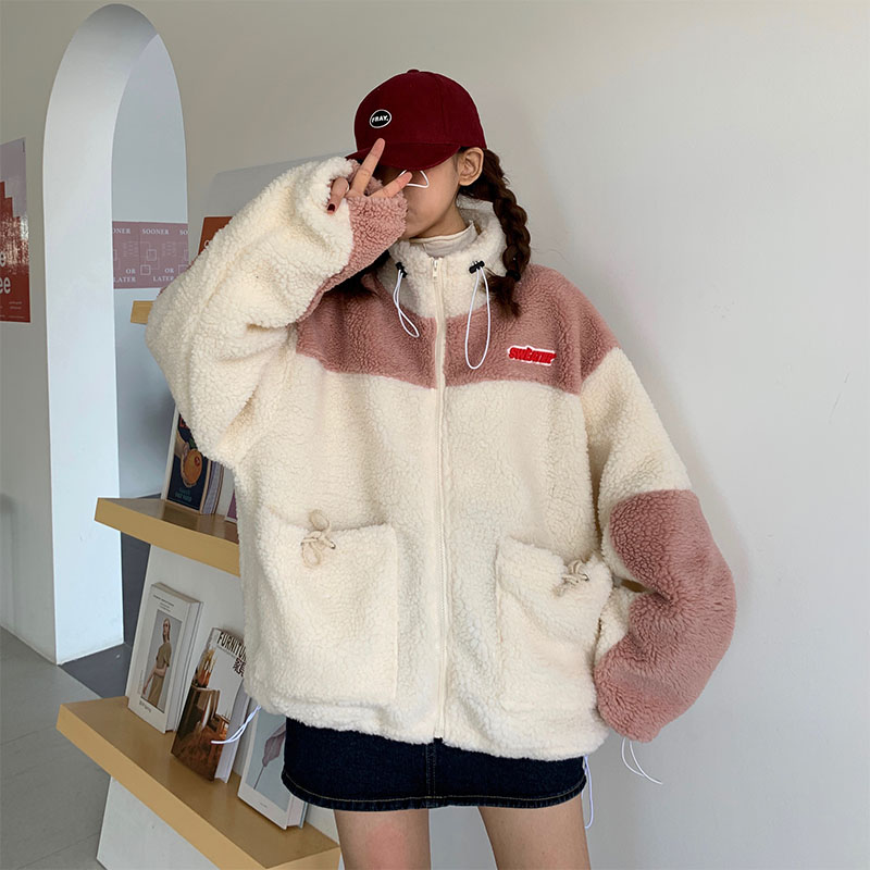 Real shot new color matching casual loose zipper lamb wool coat cashmere clothes