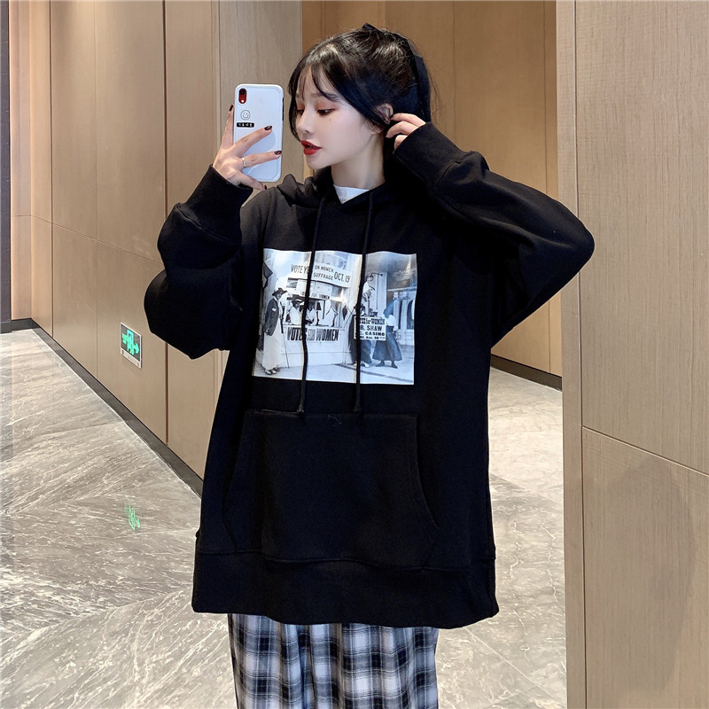 Real shot new Korean hooded black sweater women's loose and lazy style Plush thick coat