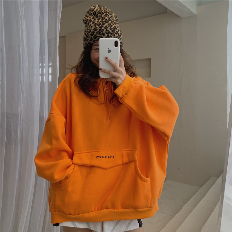 A real picture of the new Korean version big pocket Hoodie women's autumn loose Plush coat