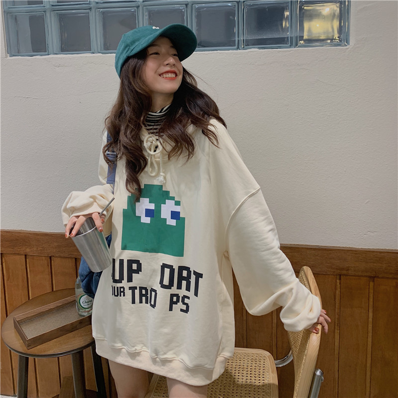 Real shot new printed sweater women's autumn and winter Plush thickened loose Korean outerwear