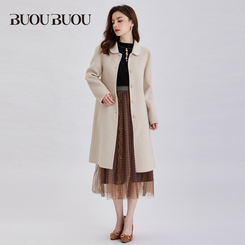 Buou Buou秋冬法式优雅娃娃领绵羊毛双面呢大衣女气质显瘦高级