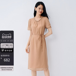 Buou Buou夏季优雅珍珠装饰系带收腰显瘦连衣裙高级气质