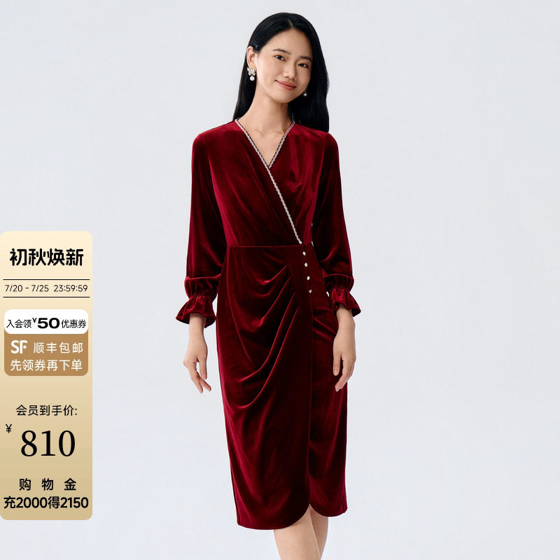 喜婆婆BuouBuou2025秋冬新品喜宴婚庆红色红宝石丝绒V领连衣裙女