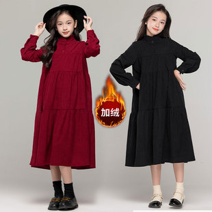 女童加绒红色连衣裙秋冬款儿童宽松森系裙子中大童灯芯绒新年长裙