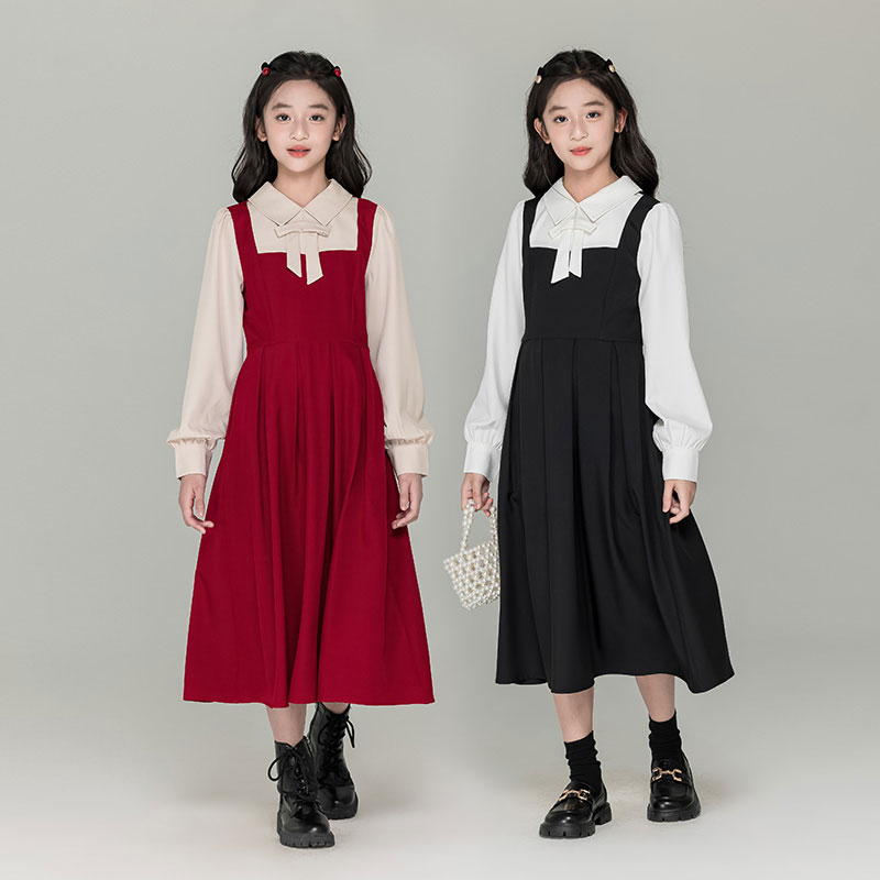 女童加绒连衣裙秋冬新款中大童假两件红色长裙小女孩学院风裙子