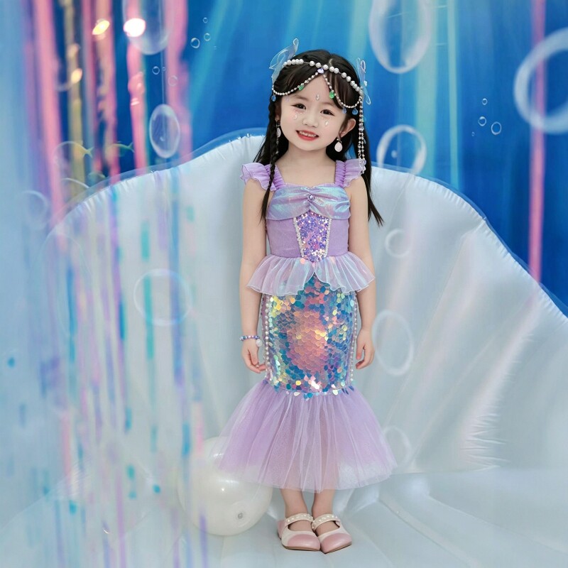 美人鱼公主裙女童人鱼姬亮片连衣裙鱼尾裙小孩生日礼服儿童度假裙图片