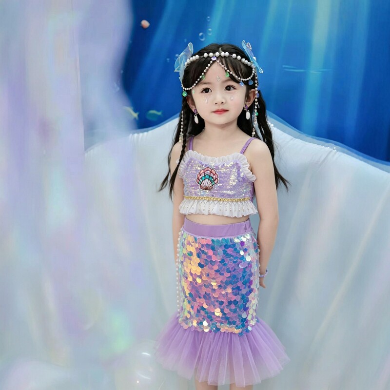 女童美人鱼公主裙夏季儿童吊带亮片人鱼裙爱丽儿连衣裙生日礼服图片
