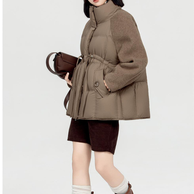 2025女款羊绒拼接前收腰一手长面包服羽绒服九成品衣壳翻新加工