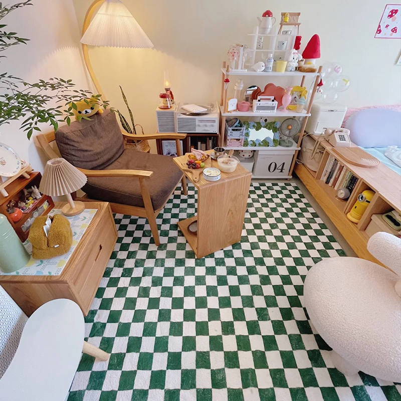 棋盘格地毯卧室网红金丝绒