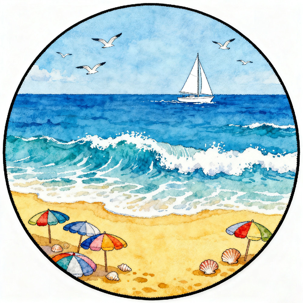 海滩风景圆形地毯海洋蓝色田园风床边毯清新防滑家用房间卧室地垫
