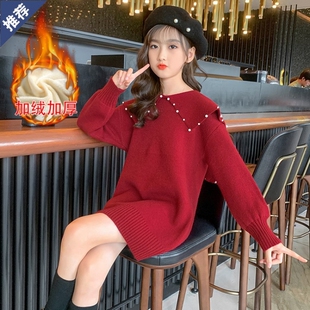 女童毛衣秋冬加绒大童红色裙子洋气小女孩针织衫时髦打底连衣裙潮