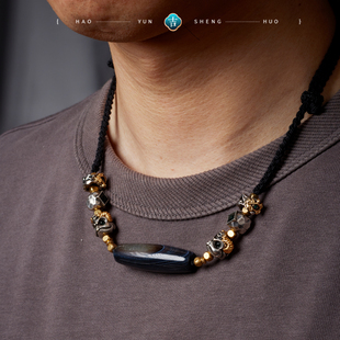 一两风原创小众纯手工藏式天然缠丝玛瑙可调节横穿天珠项链编绳