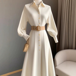 高级感大气时髦通勤风白色连衣裙韩版秋冬新款收腰显瘦衬衫A字裙