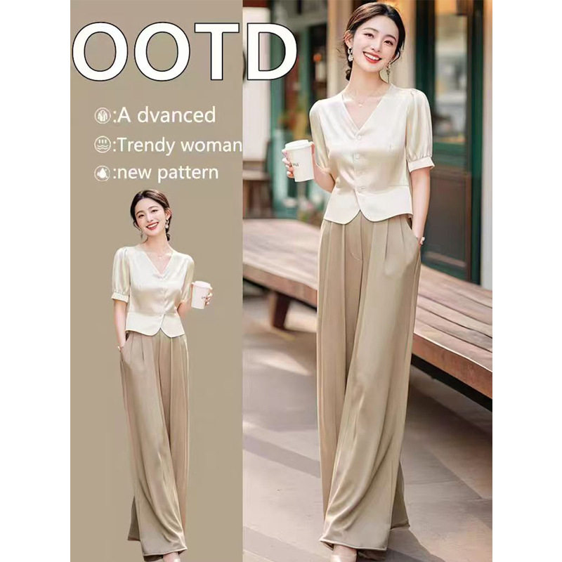 官网 夏季新款干练气质高级感洋气时尚杏色上衣裤子两件套装女装