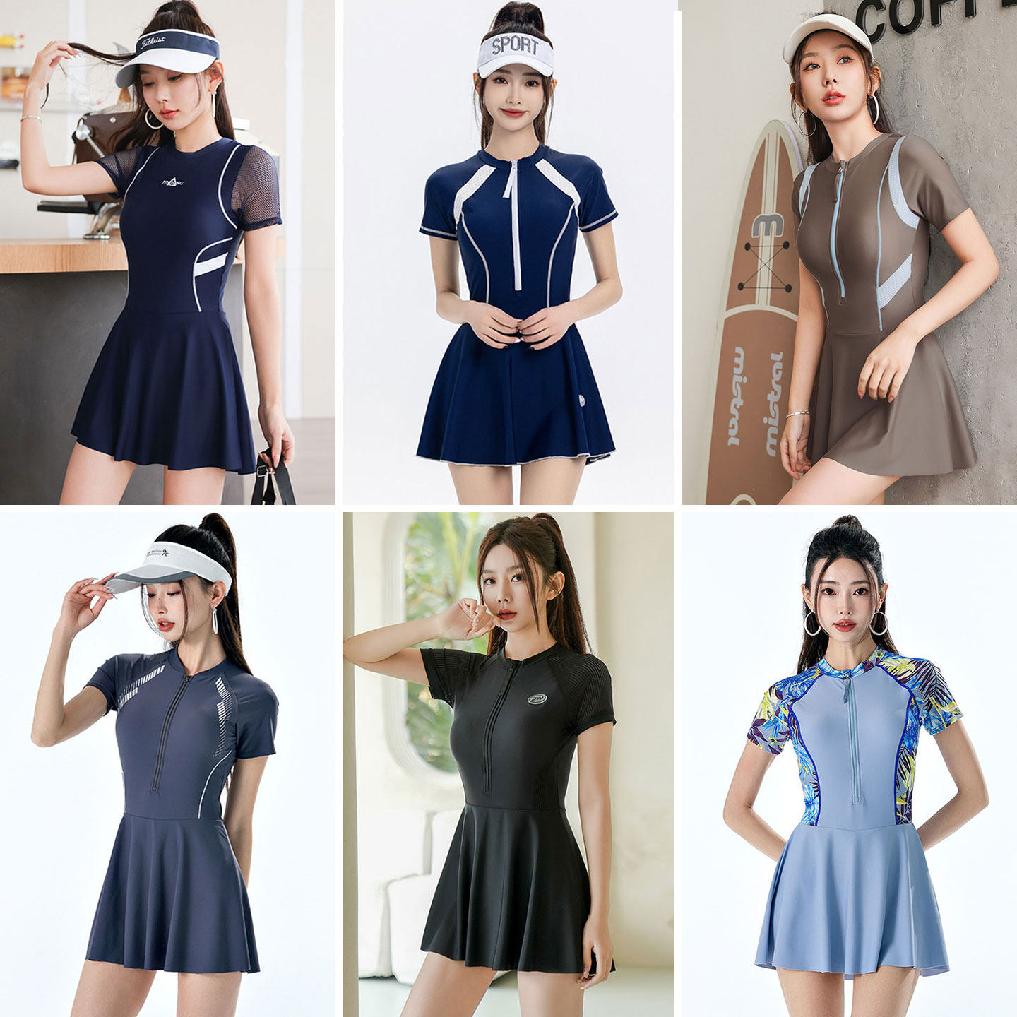 运动风短袖前拉链高领裙式泳衣女