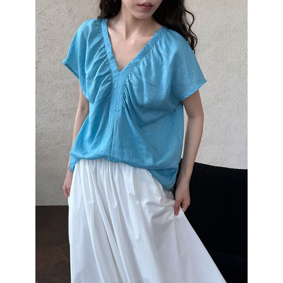 鹿西  100亚麻韩系小飞袖V领小衫女夏季新款小众设计感衬衫9760