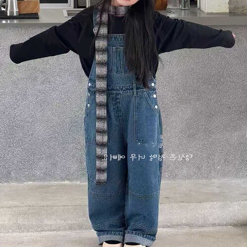 女童牛仔背带裤直筒宽松阔腿