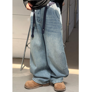 儿童装冬季款加绒工装牛仔裤男女中大童宽松休闲时尚一体绒直筒裤