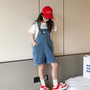 女童背带裤夏装2025新款洋气中大童宽松韩版阔腿裤儿童牛仔短裤