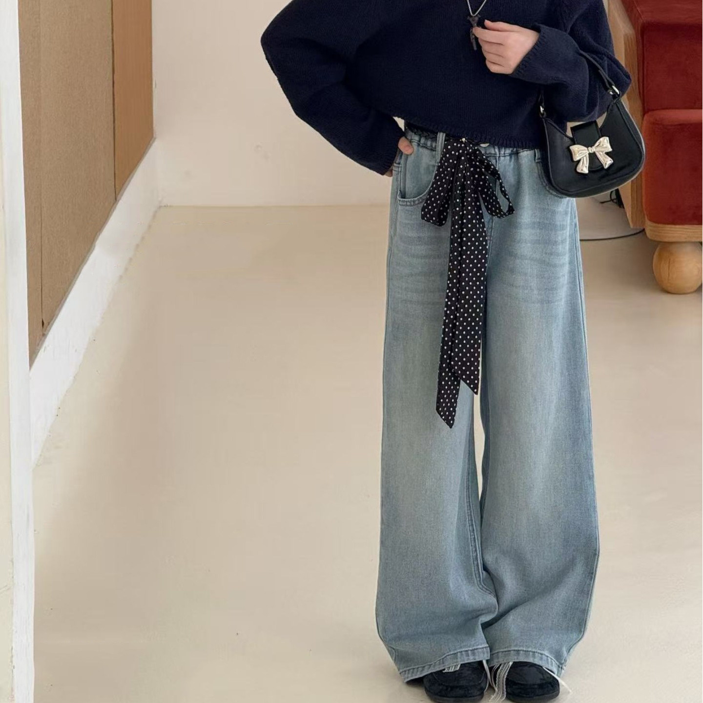 女童波点腰带加绒牛仔裤25冬装新款韩版百搭长裤中大童宽松直筒裤,童装/婴儿装/亲子装,儿童牛仔裤,淘宝优惠券,粉丝福利购,淘宝优惠卷