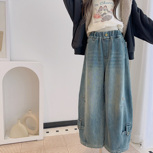 男女童加绒工装牛仔裤韩版设计感