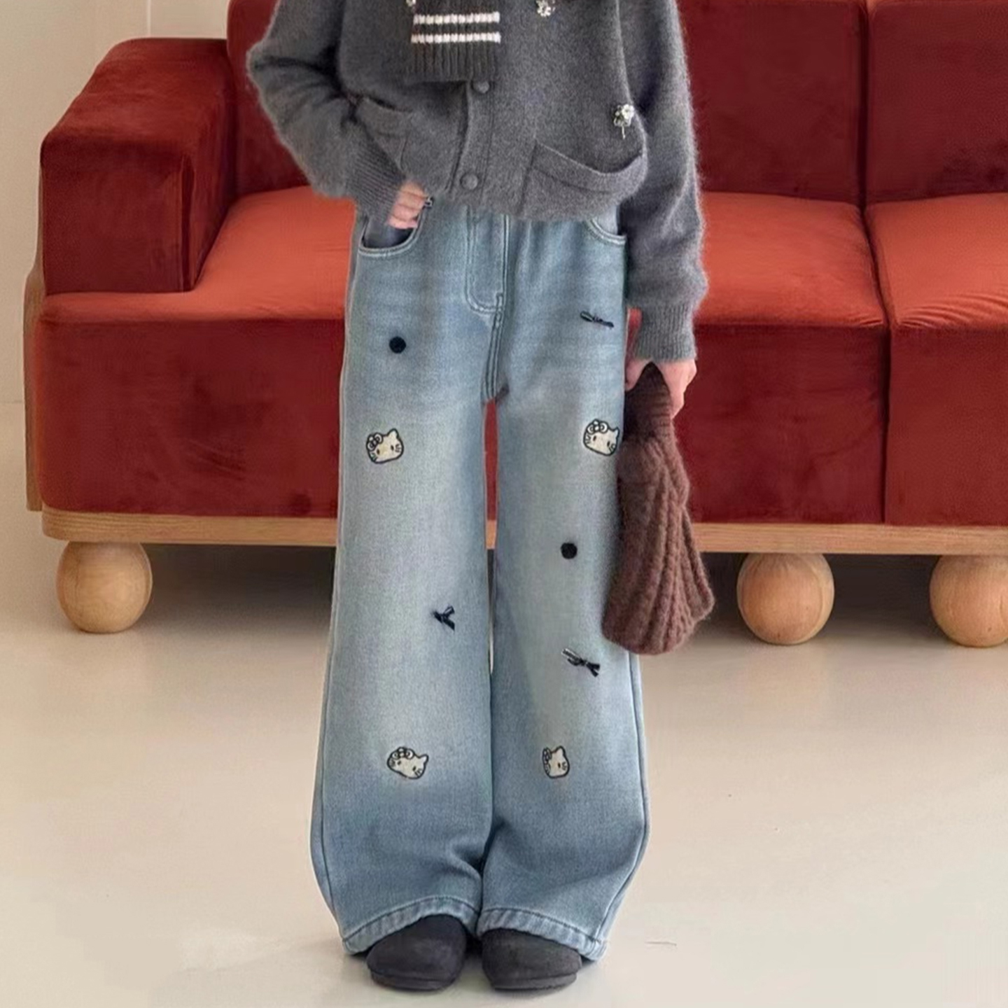 一体绒加厚窄版直筒裤牛仔裤