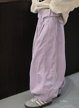 女童韩版灯芯绒直筒裤2026春秋中大童宽松休闲百搭长裤紫色弯刀裤