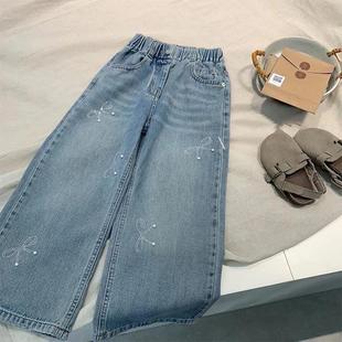 女童牛仔裤春秋2025新款儿童子珍珠水钻蝴蝶直筒阔腿窄版大童长裤