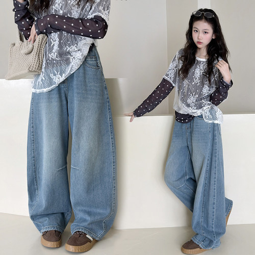 女童加绒加厚牛仔裤休闲弯刀裤子