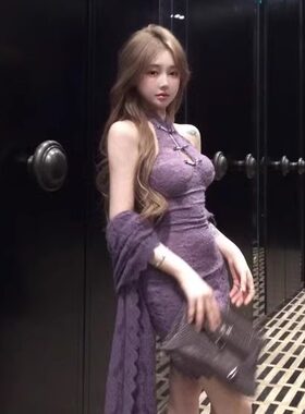 性感蕾丝紫色修身包臀连衣裙女挂脖无袖旗袍气质网红爆款性感纯欲