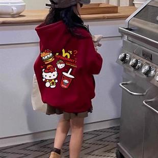 红色卫衣加绒女童2025新款童装女生街舞衣服学生班服秋冬连帽上衣