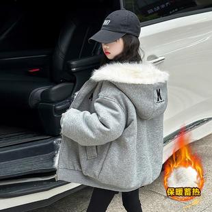 女童中大童两面穿毛毛衣2025冬季新款休闲加绒加厚派克服连帽外套