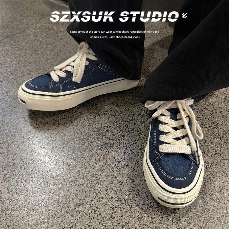 复古牛仔蓝开口笑帆布鞋男低帮韩版潮流百搭小众设计休闲板鞋男生,流行男鞋,帆布鞋,淘宝优惠券,粉丝福利购,淘宝优惠卷