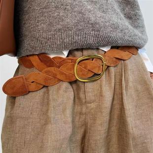 麂皮宽腰带配裙子高级感美拉德复古编织皮带女款配牛仔裤腰间配饰